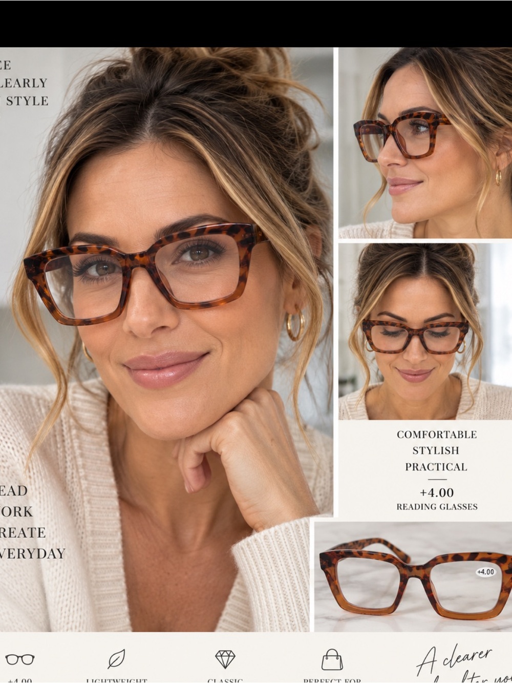 Women’s oversized Tortoiseshell Reading Glasses - +4.00 Magnification